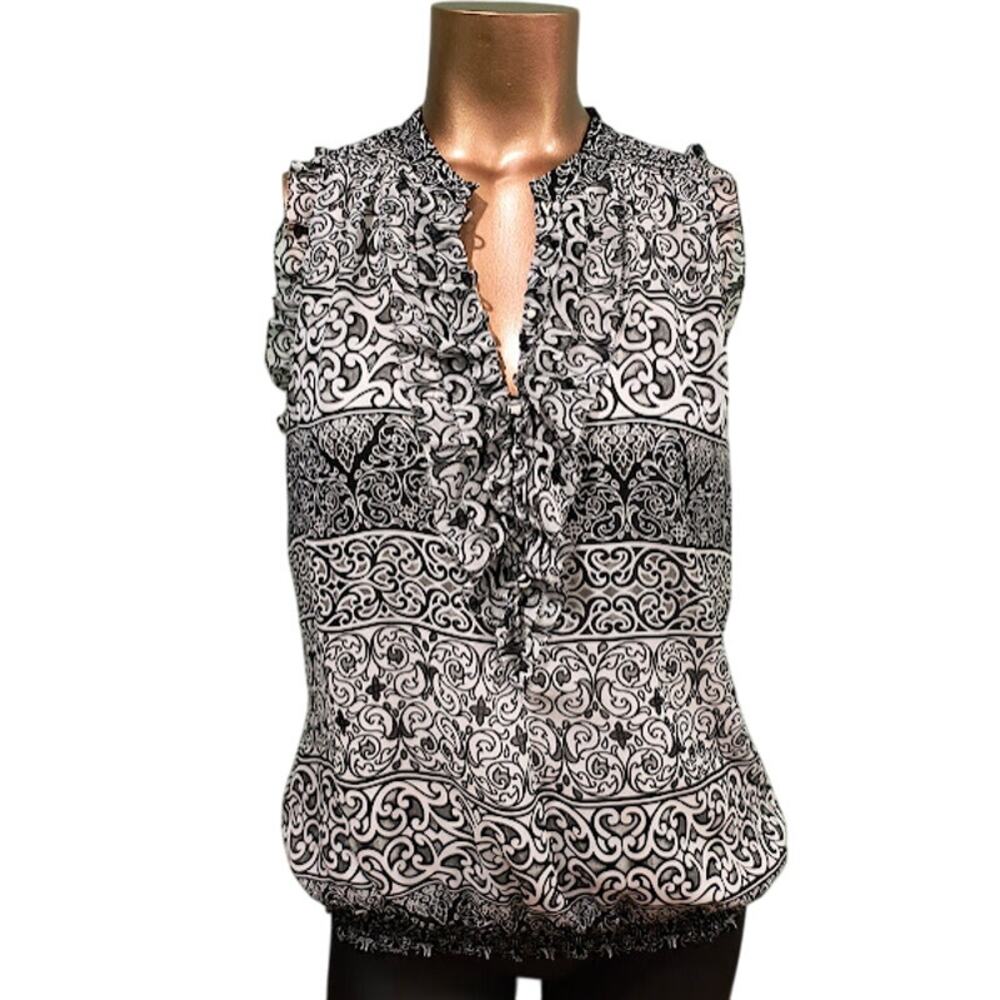 White House Black Market Blk & Wht Sleeveless Ruffled Top with Button Neck, Sz S - Picture 1 of 5
